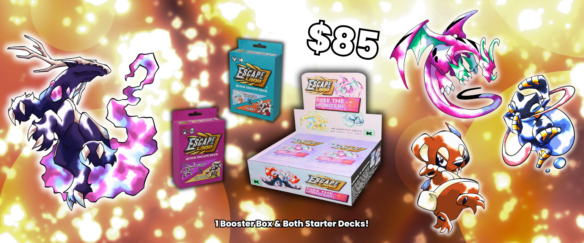 Pokémon like trading card game booster box and starter decks with animated characters on a glowing background.